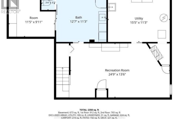 Basement floor plan showing a recreation room, utility room, bathroom, and another room. - 1069 Cahill Drive W, Ottawa