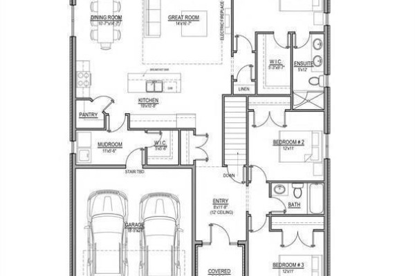 Main floor plan showing a large kitchen, great room, dining room, three bedrooms, and a two-car garage. - 1069 Manhattan Drive, Sarnia