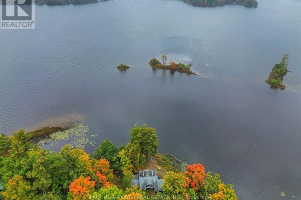 Aerial view of the house on the lake's edge, surrounded by trees showing fall colors. - 107 Beck Shore Road, Drummond/north Elmsley