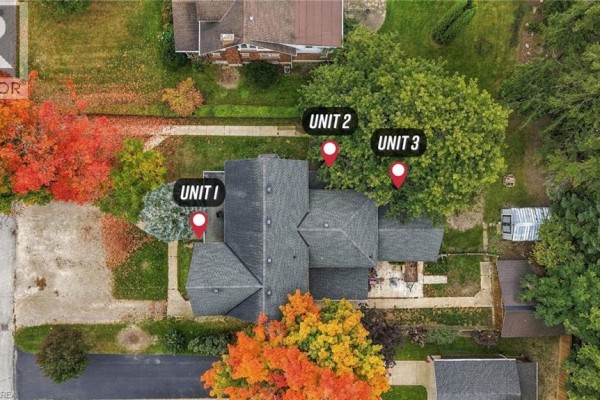 Overhead view of 107 Cayley Street, Brockton, marking three separate residential units. - 107 Cayley Street, Brockton