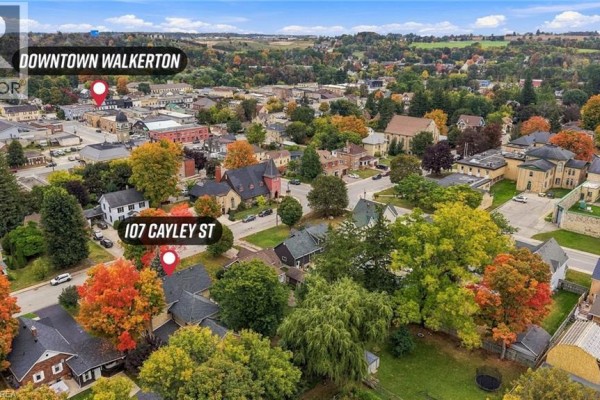 Aerial view showing the location of 107 Cayley Street, Brockton, near downtown Walkerton. - 107 Cayley Street, Brockton