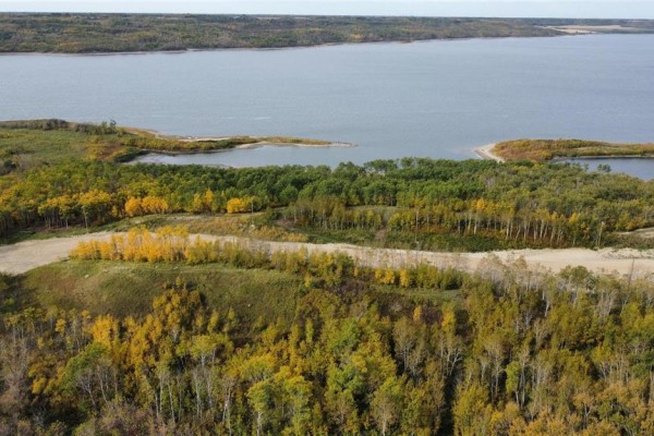 Aerial view of mixed deciduous trees with yellowing leaves and a wide body of water. - 107 Sunset Drive, Lake Of The Prairies