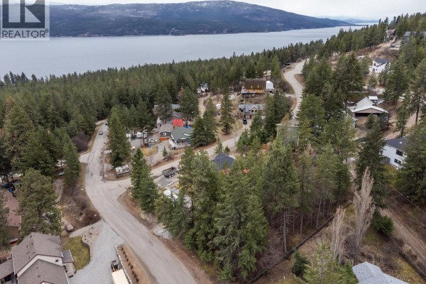 Aerial view of residential area near a lake, surrounded by trees - 10700 Pinecrest Road, Vernon