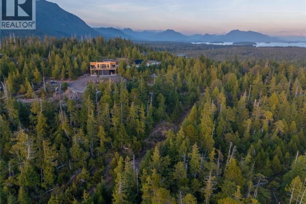 Aerial view of a modern house nestled in a dense forest with a distant ocean view. - 1071 Uplands Close, Ucluelet