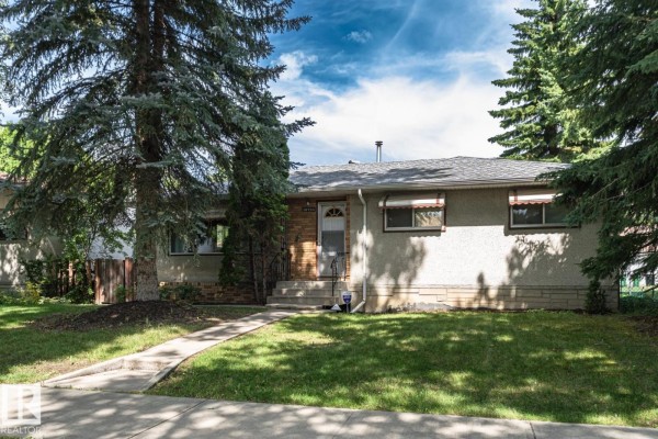 Wide shot of the front exterior of a residential house with mature pine trees. - 10726 70 Av Nw, Edmonton