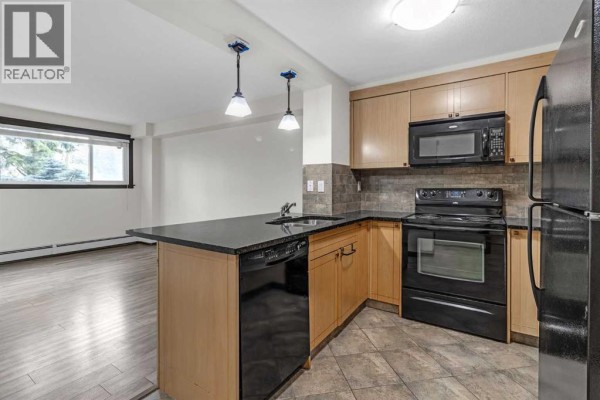 Hallway entrance opens to a kitchen and living area with a breakfast bar. - 108, 315 50 Avenue Sw, Calgary