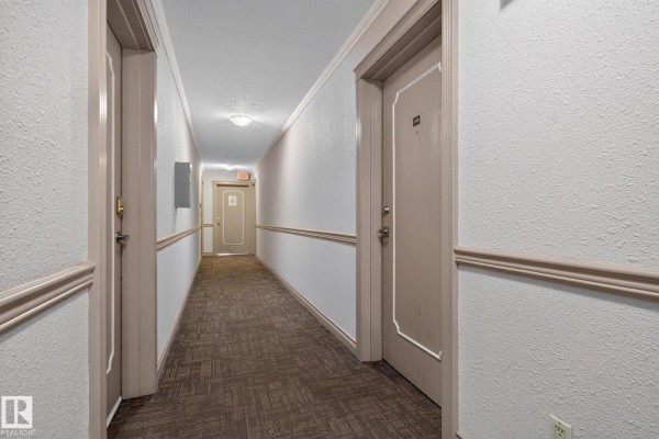 Interior apartment building hallway with carpeted floor, textured walls, and doors to units. - #108 10520 80 Av Nw, Edmonton