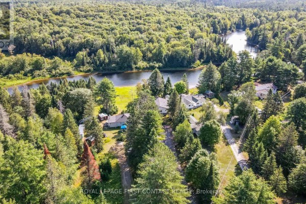 A boat on a trailer parked beside a gravel driveway lined with trees. - 1088 Colony Road, Lake Of Bays
