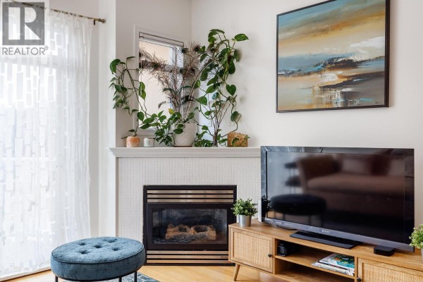 Close-up of the fireplace area with plants, a television, and decorative artwork. - 1088 Sunset Drive Unit# 247, Kelowna