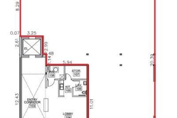 Floor plan showing an entry corridor, lobby, storage, kitchenette, and lavatory. - 109 1132 College Drive, Saskatoon
