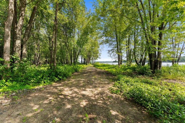 Sandy shoreline with grass and trees, leading to a calm lake under a blue sky with scattered clouds. - 109 Ch. Boom, Pontiac