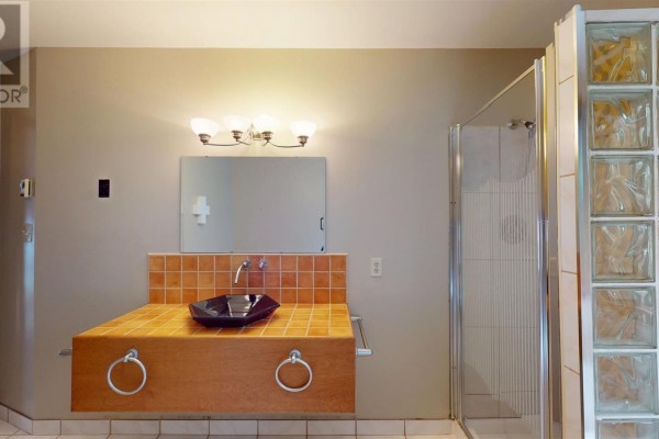 Floating wood vanity with vessel sink, orange tile backsplash, and glass block shower wall - 109 Greenview Ln Sault Ste Marie