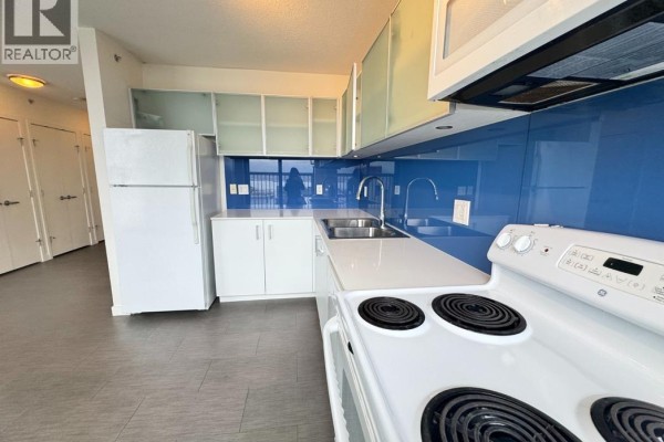 Close-up of the apartment kitchen featuring white appliances, a double sink, and a blue glass backsplash. - 10xx 66 W Cordova Street, Vancouver