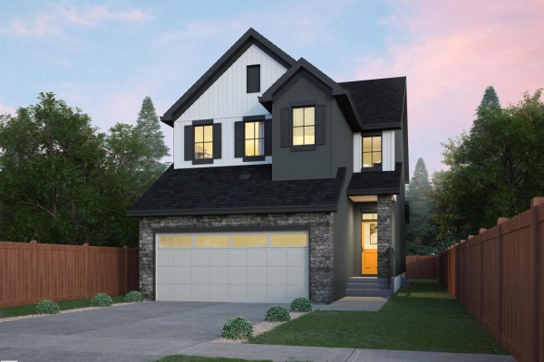 Two-story modern house exterior with a grey stone base, dark siding, and white gables. - 11 Cessy St, St  Albert
