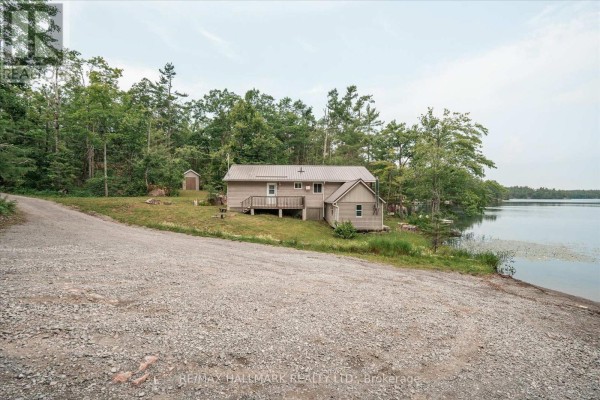 Wide view of a beige cottage on a grassy lot next to a lake, with trees and a gravel driveway in the foreground. - 11 Fire Route 44 Route, North Kawartha