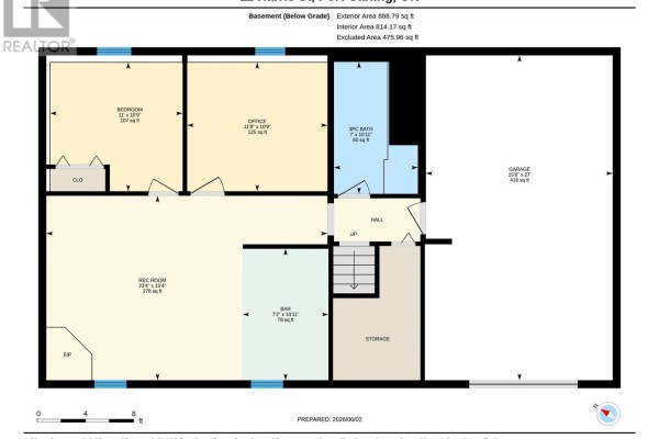 Basement floor plan showing a rec room, bar, bedroom, office, and garage. - 11 Harris Street, Muskoka Lakes