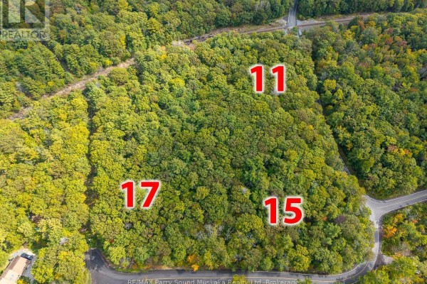 Aerial view of wooded lots numbered 11, 15, and 17 with paved roads. - 11 Oakridge Road N, Mcdougall