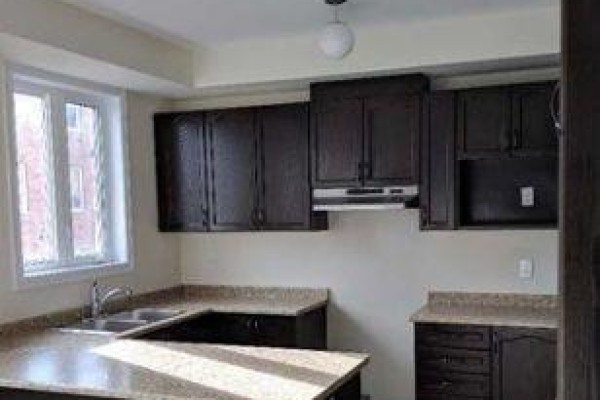 Kitchen with dark cabinets, granite counters, stainless steel range hood, and a window. - 11 Sprucewood Road, Brampton