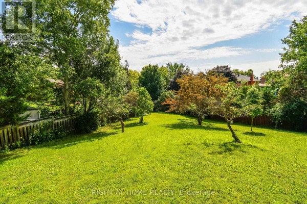 Lush green backyard with mature trees and a wooden fence under a cloudy blue sky. - 11 Thackeray Crescent, Barrie