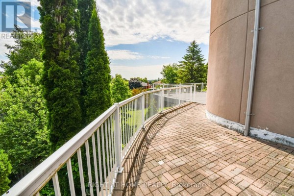 Curving upper deck with white railings and brick pavers next to a building and tall evergreens. - 11 Thackeray Crescent, Barrie