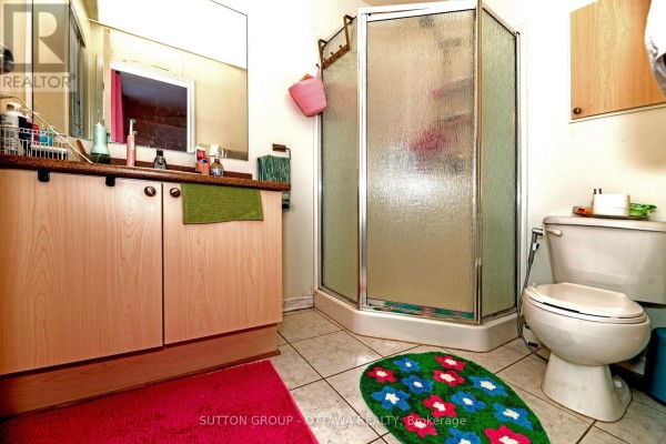 Bathroom vanity, corner shower, and toilet with floral rug - 110 Chartley Private Ottawa