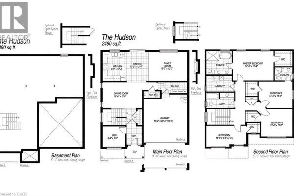 Floor plans for a 2490 sq. ft. house, including basement, main floor, and second floor layouts. - 110 Stoneybrook Crescent, Welland