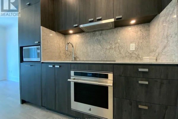 Close-up of the modern kitchen with dark wood cabinets, stainless steel oven, and sink. - 1101 - 470 Front Street W, Toronto