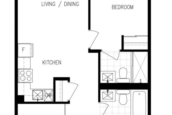 Floor plan showing a living/dining area, kitchen with appliances, a bedroom, and two bathrooms. - 1101b - 125 Nipissing Road, Milton