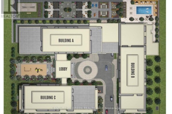 Aerial view of an apartment complex with buildings A, B, and C, a lobby, courtyard, playground, and pool. - 1101b - 125 Nipissing Road, Milton