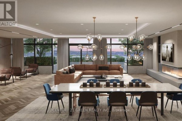 A spacious living and dining area with a sectional sofa, dining table, fireplace, and large windows overlooking a landscape. - 1101b - 125 Nipissing Road, Milton