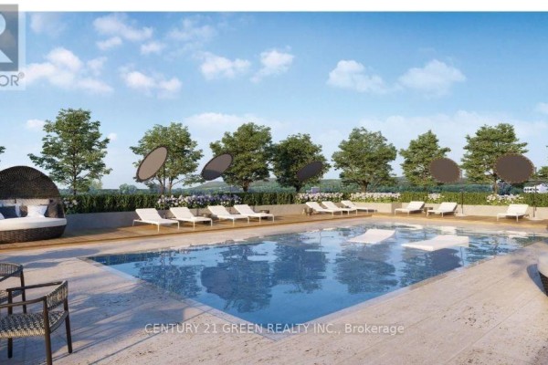 An outdoor swimming pool area with lounge chairs, umbrellas, and seating on a wooden deck with trees in the background. - 1101b - 125 Nipissing Road, Milton