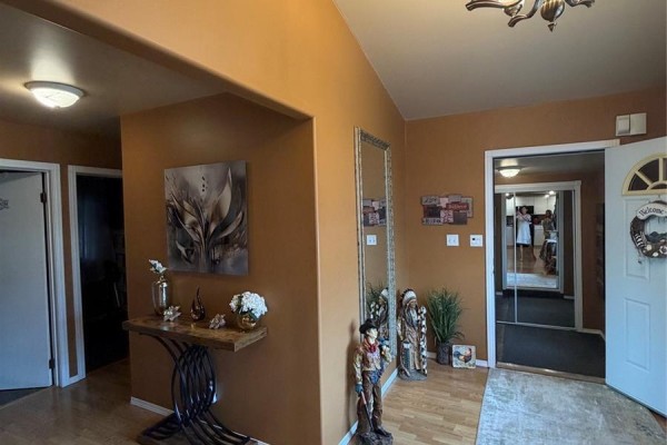 Foyer with tan walls, wood floors, decorative table, large mirror, and a main entrance. - 1102 Alfred Street, Cochin