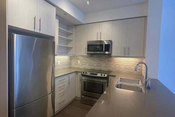 Kitchen with stainless steel refrigerator, light wood cabinets, and a dark grey countertop. - 1106 - 55 Oneida Crescent, Richmond Hill