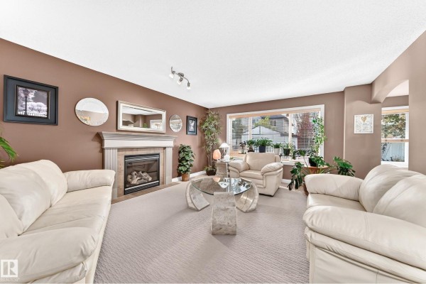 Living room with beige carpet, white leather sofas, a stone fireplace, and large windows. - 1108 117 St Sw, Edmonton