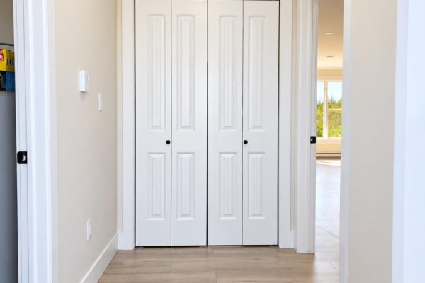 Hallway with two sets of white bi-fold closet doors and a doorway to a bright room. - 111-113 Branch Hill Road, Winterland