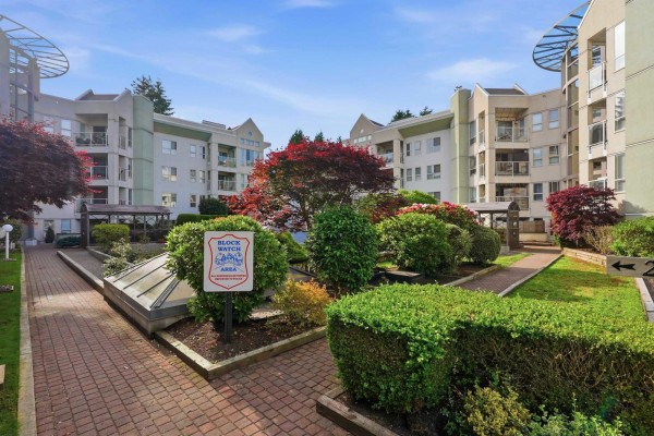 Apartment building courtyard with geometric landscaping and seating area - 111 2575 Ware Street, Abbotsford