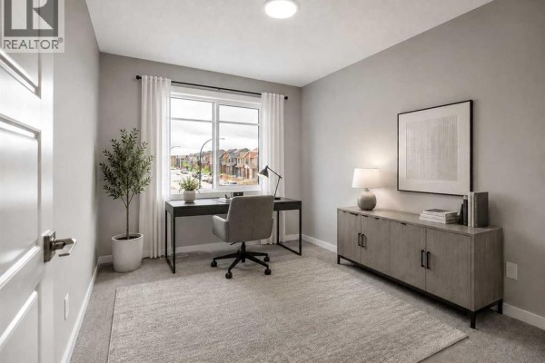 Open concept living and dining area with a fireplace, sectional sofa, and wooden dining table. - 111 Heritage Ridge, Cochrane