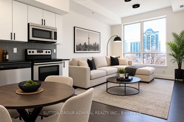 Open-concept living and dining area with a sectional sofa, coffee table, and kitchen. - 1114 - 7900 Bathurst Street, Vaughan