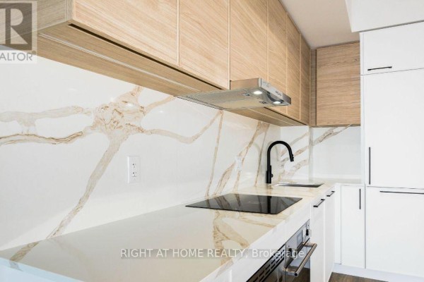 Close-up of a modern kitchen with light wood cabinets, marble backsplash, and black fixtures. - 1117 - 1050 Eastern Avenue, Toronto