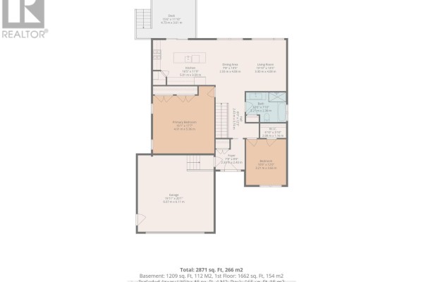 Floor plan with kitchen, living room, bedrooms, bathroom, garage, deck - 112 Argile Street Casselman
