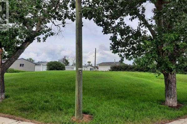 Street view of lot 112, a grassy area bordered by trees with houses in background. - 112 Railway Avenue S, Morrin