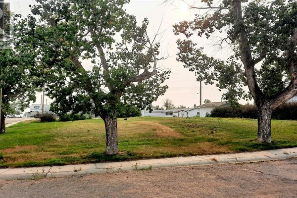 Street view of lot 112, a corner lot with grassy slope and mature trees. - 112 Railway Avenue S, Morrin