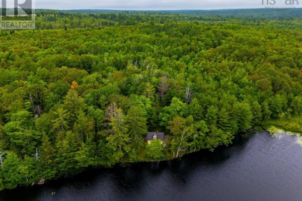 Expansive aerial view showcasing the property's secluded location, surrounded by forest and bordering a large lake. - 112 Thomas Lake Road, Milford