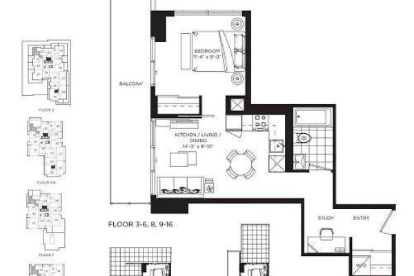 Floor plan layout featuring one bedroom, kitchen, living/dining area, and balcony. - 1120 - 20 O'neill Road, Toronto
