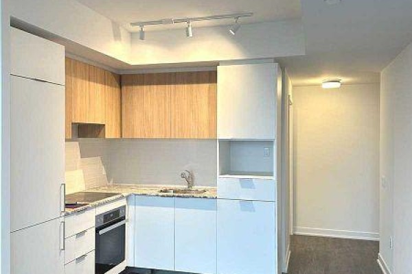 Close-up of the kitchen showing cabinetry, countertop, and integrated appliances in a compact layout. - 1120 - 20 O'neill Road, Toronto