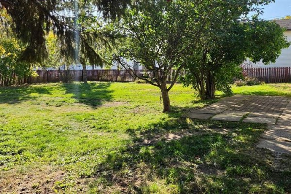 View of a green lawn with trees, a paved patio area, and a wooden fence. - 11221 102 Avenue, Fairview