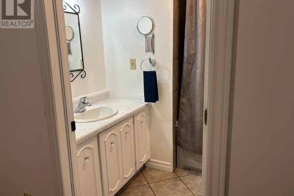 Bathroom vanity with white cabinets, sink, mirror, and shower curtain - 1127 Perry Lane Frontenac