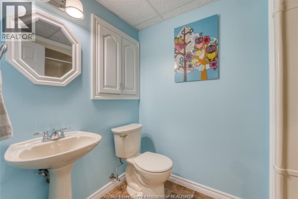 Pedestal sink, toilet, and octagonal mirror in a bathroom with owl art - 113 Beach Court Stoney Point