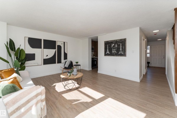 Living room with light wood floors, white walls, sofa, doorway to kitchen, and hallway view. - 113 Village On The Green Gr Nw, Edmonton