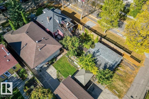 Overhead view of residential property backyard with a garage, lawn, and trees. - 11347 89 St Nw, Edmonton